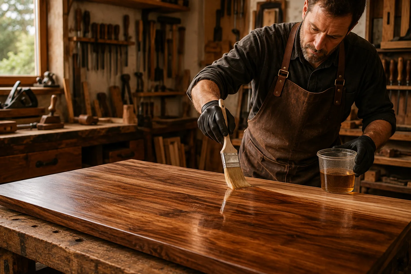Woodworker applying finish to a hardwood tabletop in a traditional workshop.