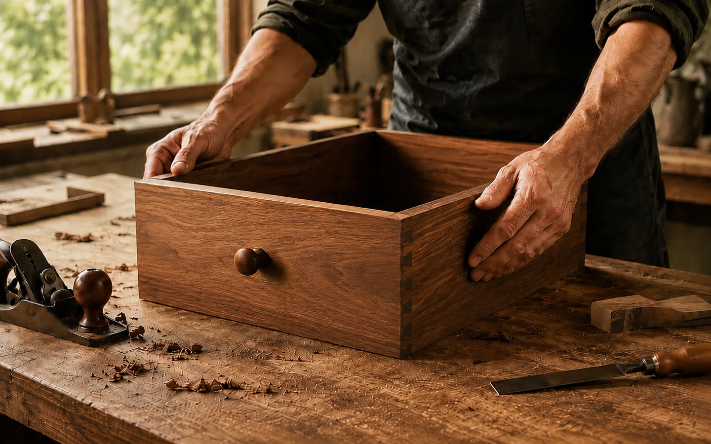 Handcrafted hardwood drawer with traditional joinery being inspected at a woodworking bench.