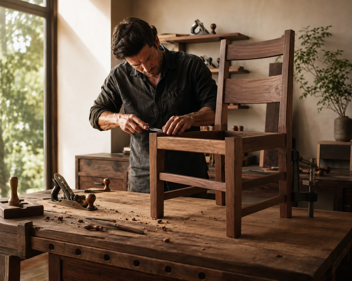 Woodworker fitting a joint on a handcrafted hardwood chair at a sunlit workbench.